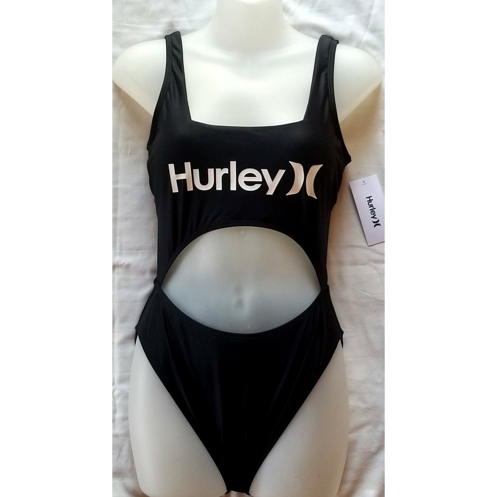HURLEY Swimsuit Women M Black Pull-On Racerback 1-Piece Sliming Logo Y2K NEW